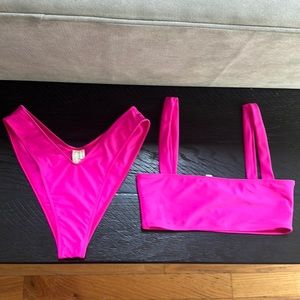 Hot pink love lounge bikini, medium top, and medium bottoms